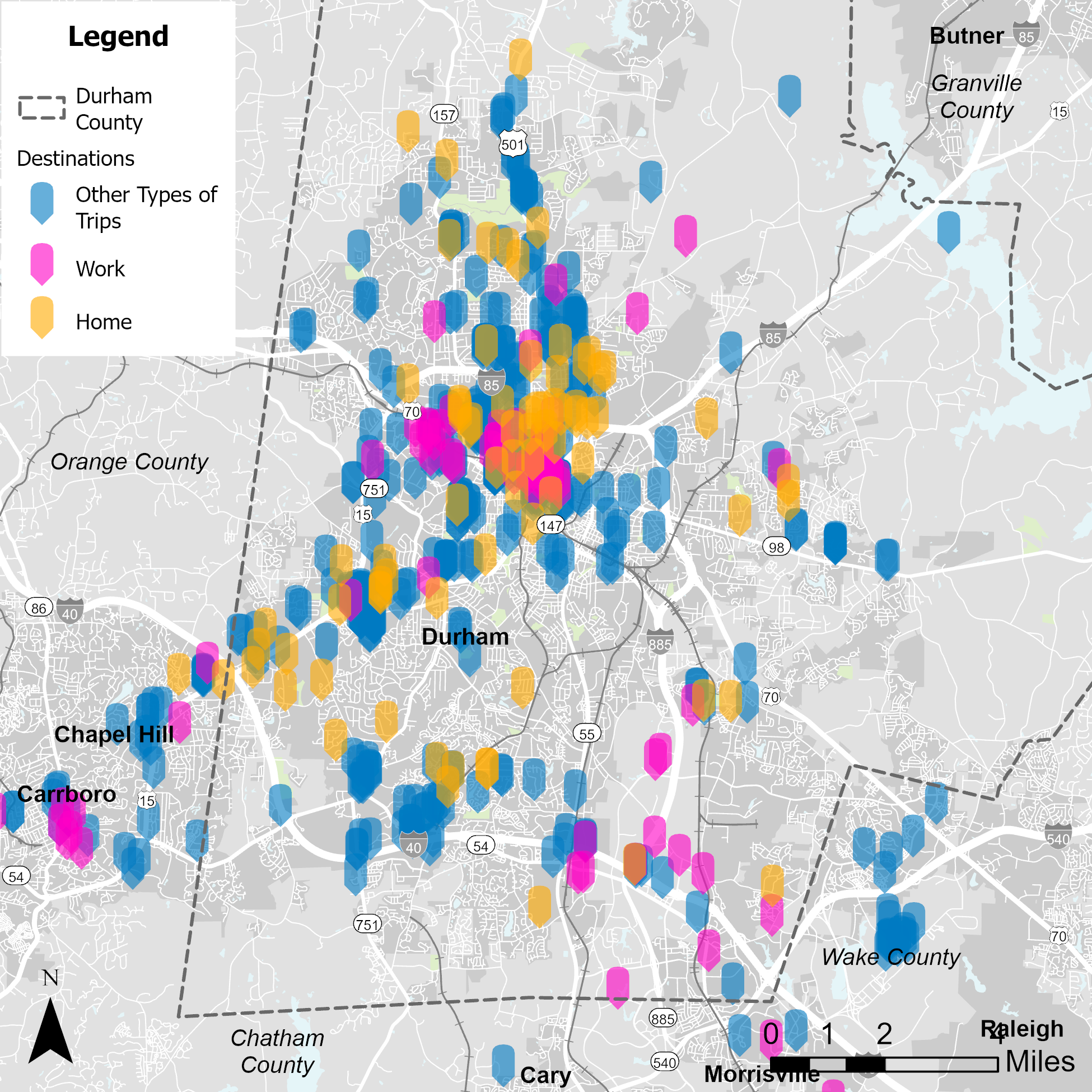 Fall 2025 Survey interactive map results, showing 613 pins on a map of Durham County. The pins are categorized by destination type: "Other Types of Trips," "Work," and "Home." The pins reflect where respondents want to go using transit.